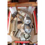 Box of assorted items inc. Oak 1947 Hamburg part Picture frame, Motorcycle Goggles, Cigarette case