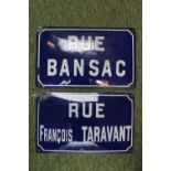 2 Antique French Enamel road signs 'Rue Francois Taravant & Rue Bansac