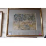 Framed and mounted Mixed Medium of a figural group singed to bottom right