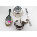 Silver topped Glass powder jar, Silver backed dressing table brush and 3 White metal bangles