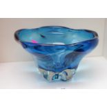 1950s Blue and clear glass bowl 26cm in Diameter