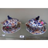 Pair of 19thC Masons Ironstone lidded tureens with serpent handles with marks to base A/F
