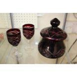 20thC Bohemian Ruby Glass lidded biscuit barrel and a Pair of glasses
