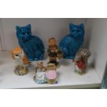 Pair of Chinese Turquoise Cat Ornaments, Beswick Beatrix Potter figures and a Hummel figure of Boy