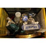 Box of assorted Ceramics and bygones inc. Spode, Blue Mountain etc