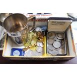 Cigar box of assorted Bygones inc. 19thC and later coins, Cufflinks, Silver plated tankard etc