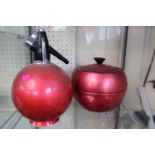 Mid Century Spherical Soda Syphon and a Lidded Ice bucket in Metallic Red
