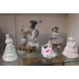 Lladro figure of a Geisha flower arranging, Nao figure and 3 Royal Doulton and other figures