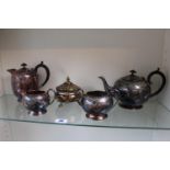 Civic of Sheffield Silver plated 4 Piece Tea Set, Lidded floral decorated pot and a Pressed glass