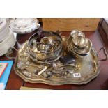 Large Silver plated two handled tray with assorted Silver plated tableware and Flatware