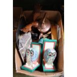 Box of assorted Bygones inc. Hand painted Owl book ends, Copper Kettle etc