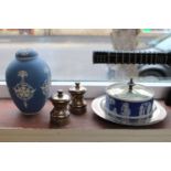 Pair of Silver Pepper & Salt grinders, Wedgwood Jasperware Preserve dish on Silver plated base and a