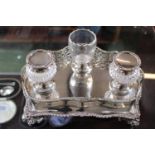 Fine Victorian Silver Inkstand with pierced gallery, two cut glass inkwells and bowl by George Fox