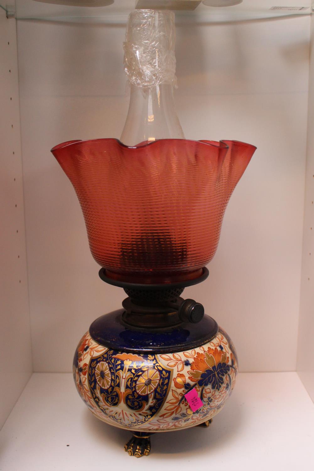 Victorian Pottery based Oil Lamp with Ruby glass shade