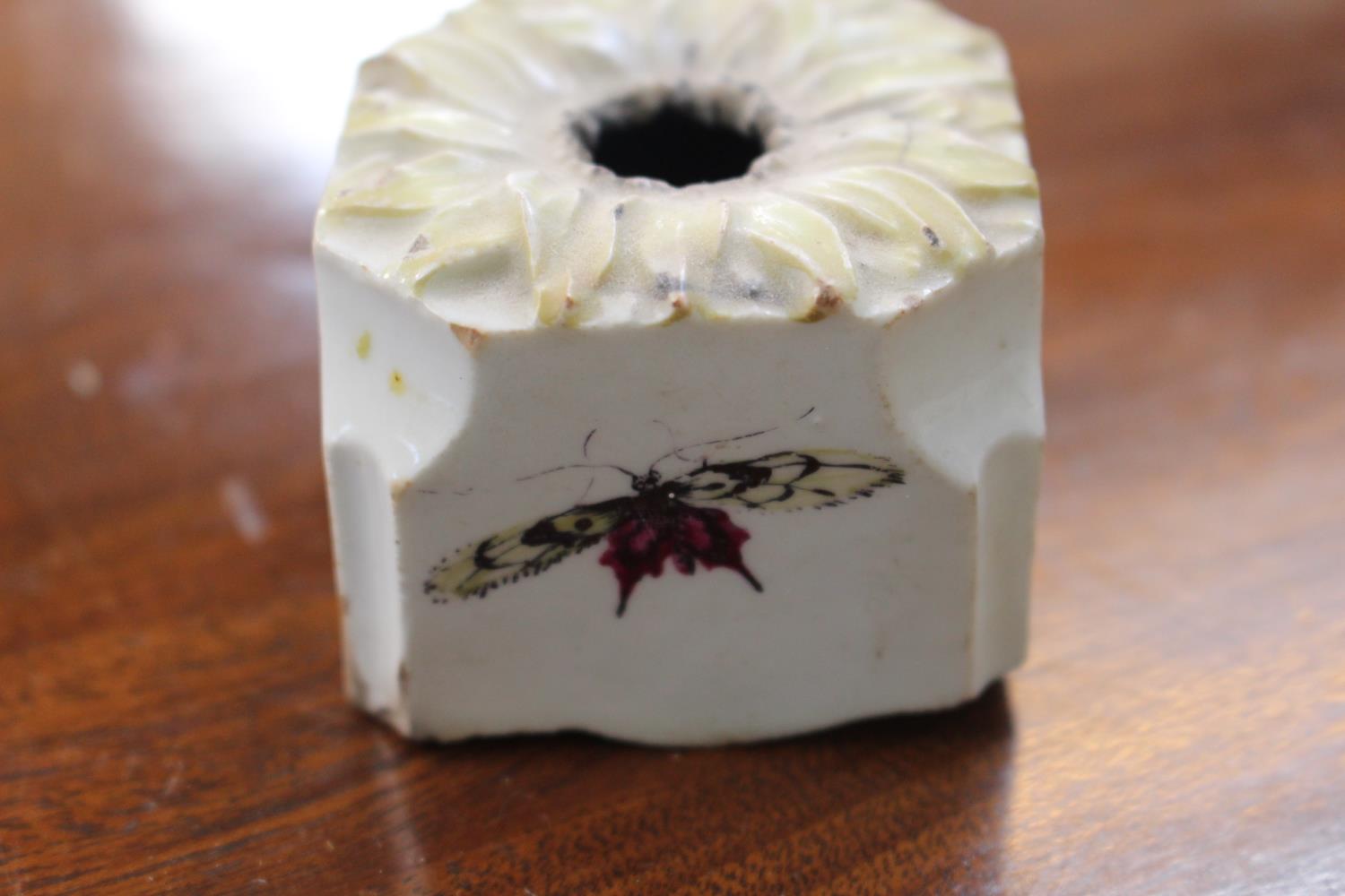 Early English Pottery Inkwell with Floral top over hand painted butterfly decoration - Image 3 of 5