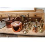 Collection of 19thC Brass and Copper ware inc. Kettle, Ewer, Watering Can and candlesticks