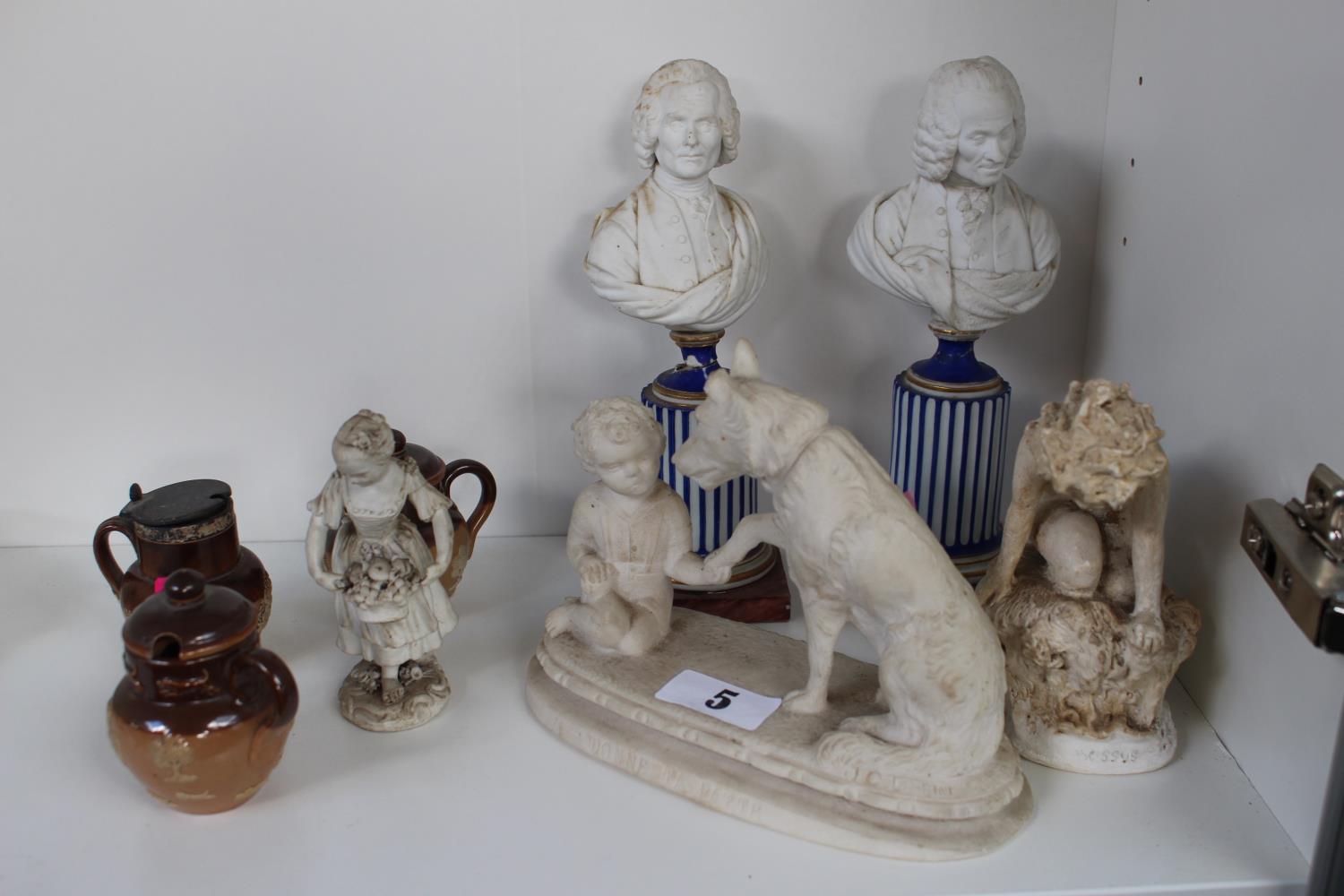 Pair of Ludwigsburg Busts on column bases, Collection of Doulton 2 tone Cruets and assorted Parian