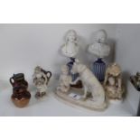 Pair of Ludwigsburg Busts on column bases, Collection of Doulton 2 tone Cruets and assorted Parian