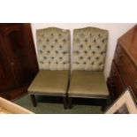 Pair of Green upholstered button back chairs on straight supports