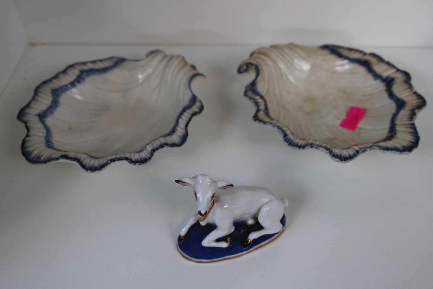Pair of English Pearlware Scallop butter dishes and a Chamberlain Worcester figure of a Goat on Oval