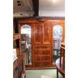 Edwardian Inlaid Triple Robe with Cupboard and drawers flanked by mirrored doors