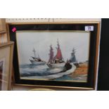 Framed Watercolour of Fishing Boats in the Harbour by Heart. Signed by the artist in lower left