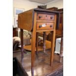 19thC Walnut drop leaf table with 2 drawers and brass handles over tapering legs