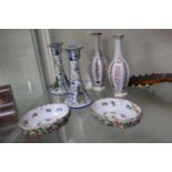 Pair of Batty and Co scroll and floral decorated vases, Pair of Candlesticks and a Pair of Floral