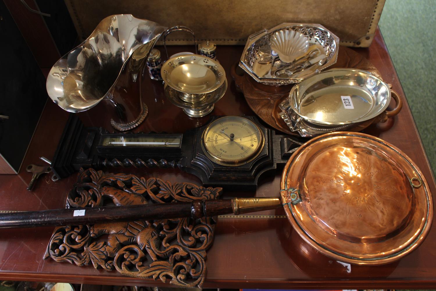 Collection of assorted Silver plated table ware, Copper warming pan and a Oak Barley twist wall