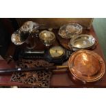 Collection of assorted Silver plated table ware, Copper warming pan and a Oak Barley twist wall