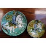 2 Chelsea Pottery Bowls with Horse back rider decoration on green ground glaze