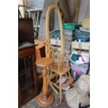 Beech Childs High Chair, Pine Jardinière stand and a Beech Oval framed Cheval mirror