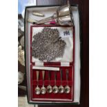 Cased set of 6 Silver Spoons after a Puritan design, Georgian Silver plated Wine funnel, White metal