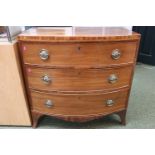 Georgian Bow fronted Chest of 3 drawers with brass drop handles over apron front and bracket feet