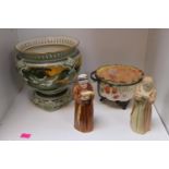 Royal Worcester Jardinière with Geese decoration, 2 Worcester Monk candle snuffers and a Floral