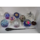 Collection of Glass Paperweights, Silver handled button hook and a Table lighter