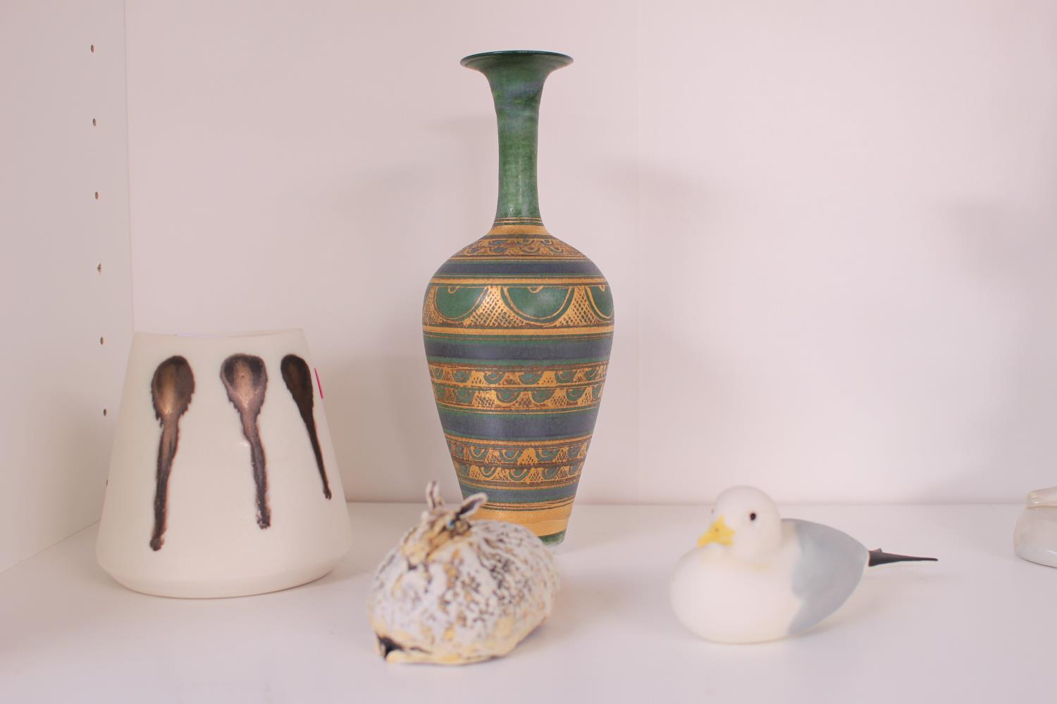 Mary Rich Vase with applied gilt decoration, Studio Pottery Squat vase, Studio Pottery Sheep and a