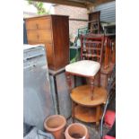 Edwardian Upholstered chair, Walnut Circular table and a Oak Chest