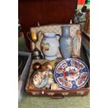 Vintage case of assorted Ceramic and bygones inc. Ship in a bottle 20thC Imari Plate, Salt glaze