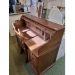 20thC Oak Veneered Roll top desk with key