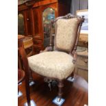 Victorian Mahogany framed hall chair with reeded supports, upholstered back and seat on casters