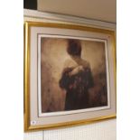Large framed print of a woman signed to bottom right