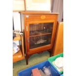 Edwardian Glazed china cabinet with inlaid decoration with scroll pierced front over straight