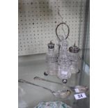 Edwardian 4 Piece Silver plated cruet set and a Pair of Silver plated spoons