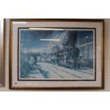 Large framed print by E Bottomley of a locomotive signed in Pencil