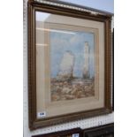 Gilt Gesso framed Watercolour of a Rocky Outcrop against seascape signed A E Hayes dated 1922
