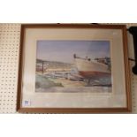 Roland Rushton watercolour of Boats in coastal scene in mount and frame