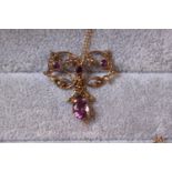 Art Nouveau Ladies 9ct Gold Amethyst and Seed pearl pedant on 9ct gold chain (break to chain)