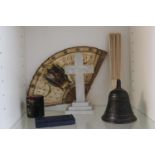 19thC Bronze Bell, Marble table cross, 2 Fans and a Cased travelling Razor