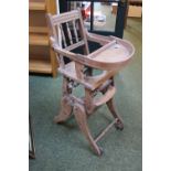 19thC Childs Metamorphic high Chair with cast metal wheels and turned supports